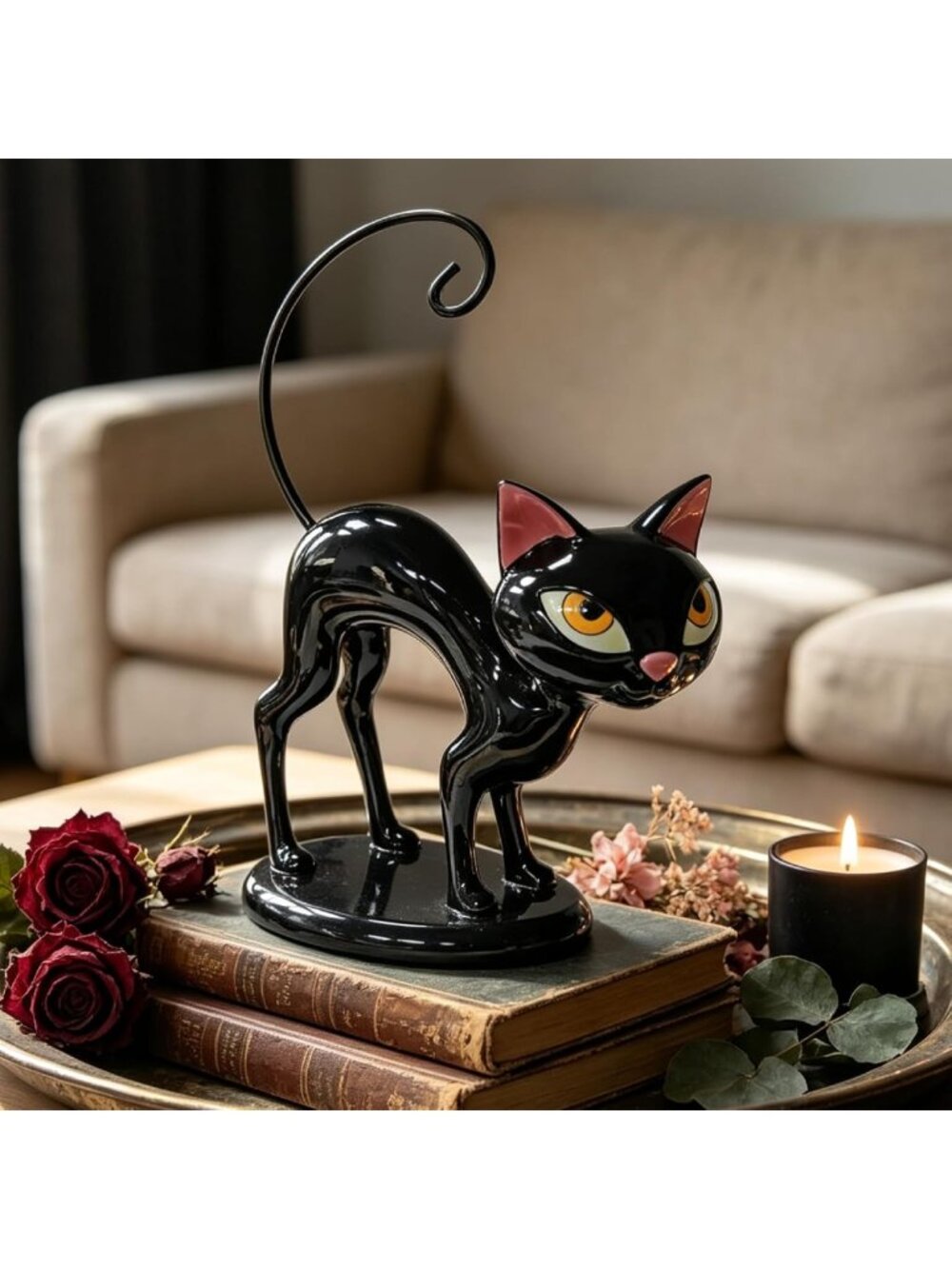 Vintage Mid-Century Black Cat Statue - 9" Halloween Decor, Resin Figurine